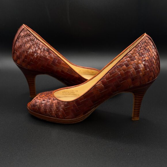 Cole Haan Genevieve Woven Leather Peep-Toe Pumps, Cognac Brown, Nike Air, US 5B - Picture 2 of 11